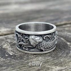 Japanese Koi Fish 925 Sterling Silver Wedding Ring for Men, Carp and Waves Ring