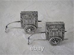 Japanese Rickshaw Wagon Salt Pepper Shakers Pair Sterling Silver, 48 grams