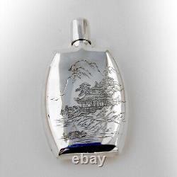 Japanese Scenic Engraved Hip Flask Sterling Silver