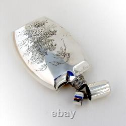Japanese Scenic Engraved Hip Flask Sterling Silver