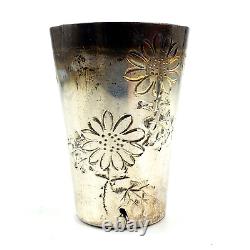 K. HATTORI Japanese Vintage Sterling Silver Saki Glass Set Of 4 Floral Etched
