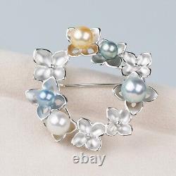 Multicolor Round Japanese Akoya Pearl Brooch Pin Sterling Silver Flower Bouquet
