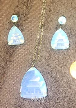 Reverse Intaglio Crystal Japanese Pagoda Necklace Earrings Set- Sterling Silver