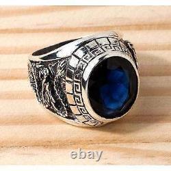 SAPPHIRE BLUE STONE JAPANESE TIGER & DRAGON STERLING SILVER MENS RINGS w552