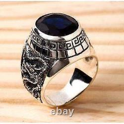 Sapphire Blue Stone Japanese Tiger & Dragon Sterling Silver Mens Rings