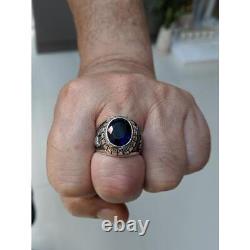 Sapphire Blue Stone Japanese Tiger & Dragon Sterling Silver Mens Rings