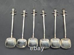 Set of 6 Sterling Silver Asian Japanese Lute Shamisen Demitasse Spoons. 925