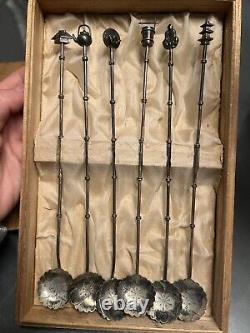 Set of 6 Vintage Japanese Lotus Blosson Bowl Spoons 950 Sterling Silver
