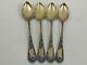 Set Of Four Spoons Silver 925 Floral Enamel And Gold Washed