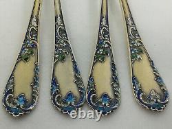Set of Four Spoons Silver 925 Floral Enamel and Gold Washed
