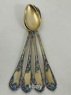 Set of Four Spoons Silver 925 Floral Enamel and Gold Washed