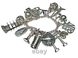 Sterling Silver Charm Bracelet Japanese Theme 17 Charms Large Heavy Bracelet