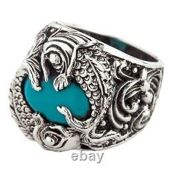 Sterling Silver Japanese Koi Fish Turquoise Mens Ring