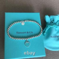 Tiffany & Co. Sterling Silver Heart Tag Blue 8mm Bead Bracelet Japanese Seller
