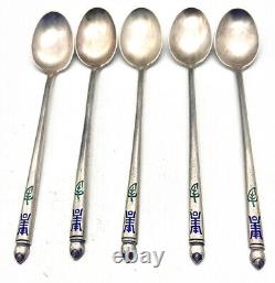 Vintage Blue Enamel Sterling Silver Japanese Tea Spoons Five Spoons. Rare