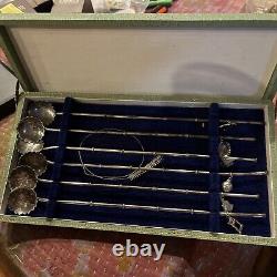 Vintage Boxed Set JAPAN 950 STERLING SILVER 9Long Cocktail Ice Tea Spoon Straws