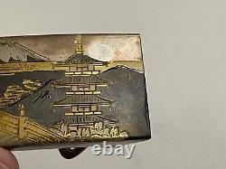 Vintage Japanese 950 Sterling Silver Damascene Style Belt Buckle Mt Fuji Pagoda