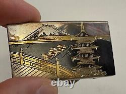 Vintage Japanese 950 Sterling Silver Damascene Style Belt Buckle Mt Fuji Pagoda