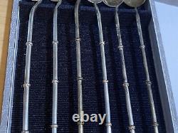 Vintage Japanese 950 Sterling Silver Straws Bamboo Style Spoon Set Case Charms