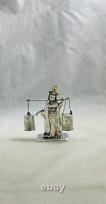 Vintage Japanese Female Figure In Kimono withSterling Bucket Salt & Pepper Shakers