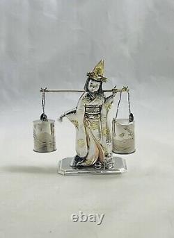 Vintage Japanese Female Figure In Kimono withSterling Bucket Salt & Pepper Shakers