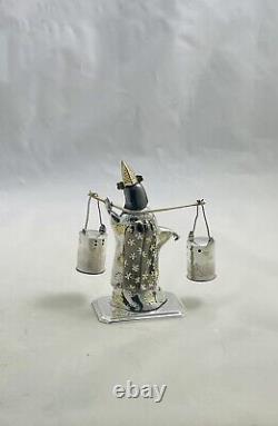 Vintage Japanese Female Figure In Kimono withSterling Bucket Salt & Pepper Shakers