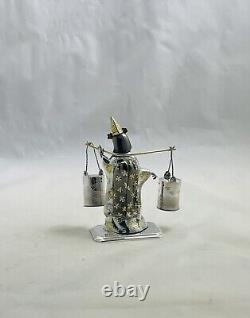 Vintage Japanese Female Figure In Kimono withSterling Bucket Salt & Pepper Shakers