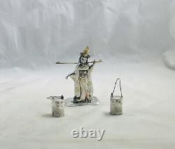 Vintage Japanese Female Figure In Kimono withSterling Bucket Salt & Pepper Shakers