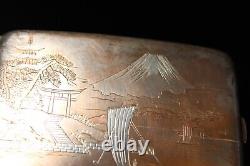 Vintage Japanese Mt Fuji Pagoda Engraved Cigarette Case 950 Sterling Silver