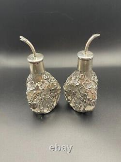 Vintage Japanese Sterling Silver 950 Scent Bottle with Cherry Blossom Overlay