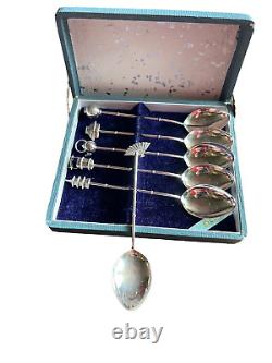 Vintage Japanese Sterling Silver Coffee Spoons with Bamboo Motif (Set of 6)