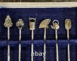 Vintage Japanese Sterling Silver Drink Stir Sticks Spoons Set of 6 Cased Barware