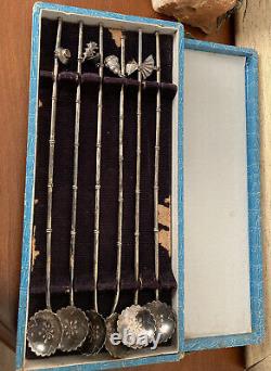 Vintage Japanese Sterling Silver Long Stir Sticks Spoons Set of 6 Cased Barware