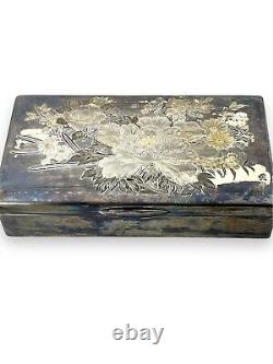Vintage Japanese Sterling Silver & Wood Cigarette Trinket Box Floral Design