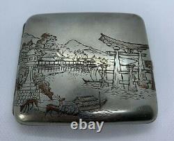 Vintage Japanese sterling silver cigarette case copper metal inlaid landscape
