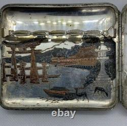Vintage Japanese sterling silver cigarette case copper metal inlaid landscape