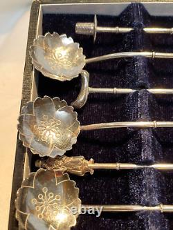 Vintage Set 950 STERLING SILVER 6 Ice Tea Spoon 8 JAPANESE Motif with Box