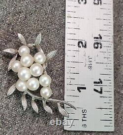 Vintage Sterling Silver Japanese Akoya 10 Pearls Brooch/Pin Textured Vine Marked