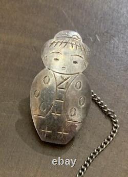 Vintage Sterling Silver Japanese Kokeshi Doll Baby Bib Clip