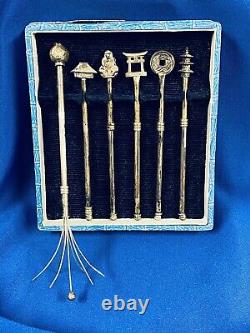 Vtg Set Of 6 Japanese Motif Sterling Silver Retractable Whisk Stirrers With Box