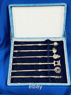 Vtg Set Of 6 Japanese Motif Sterling Silver Retractable Whisk Stirrers With Box